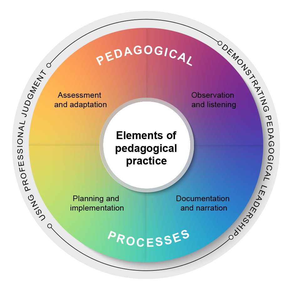 Elements of pedagogical practice: observation and listening, documentation and narration, planning and implementing, and program assessment and adaptation.