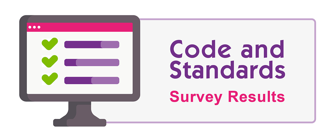 Graphic image of computer screen. On the side, text displays, “Code and Standards. Survey Results”