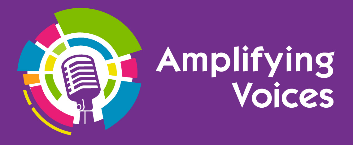 Graphic image of a mic with a purple background. Text displays “Amplifying Voices”