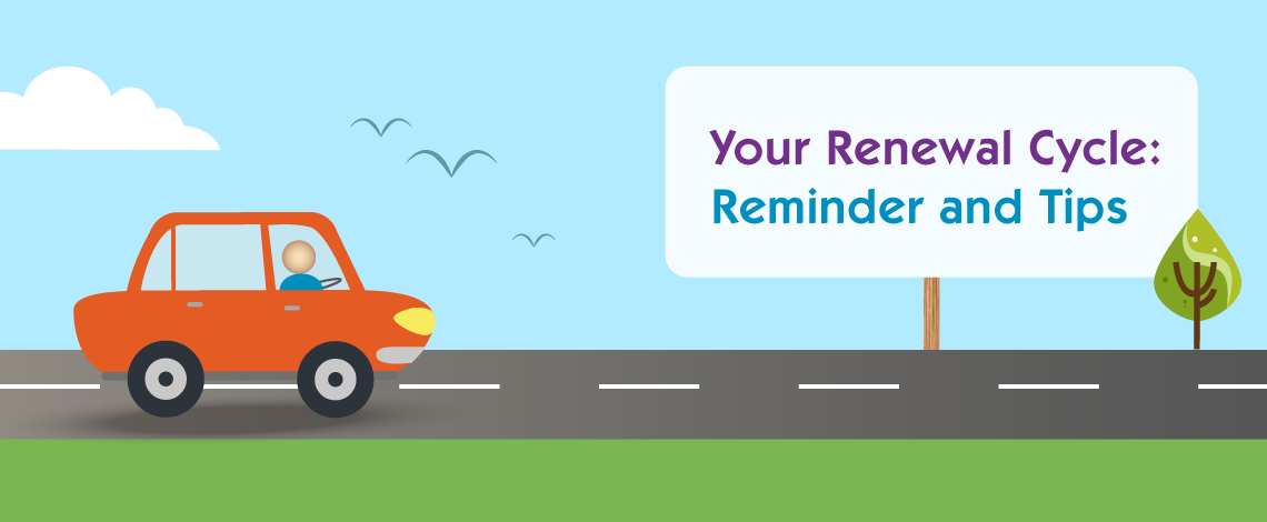 Graphic image of a red car on a road. Road sign text displays “Your Renewal Cycle: Reminder and Tips”