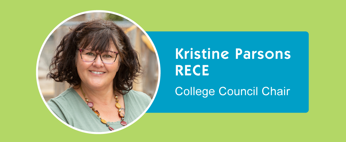 Image of Kristine Parsons on a green background. Text displays RECE, College Council Chair.