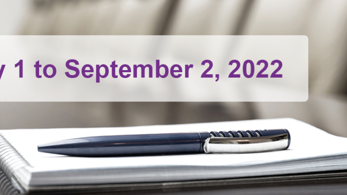 A pen placed on a notebook. Text displays “July 1 to September 2, 2022.”