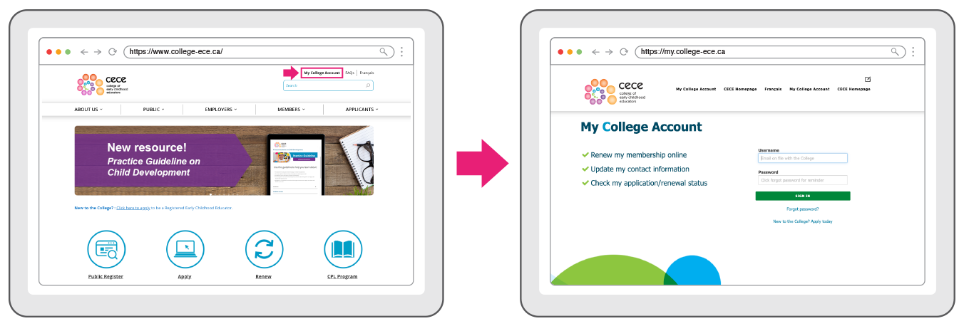 Screenshot of the College Homepage with the My College Account highlighted. The arrow in the middle points to a screenshot of the My College Account sign-in page.