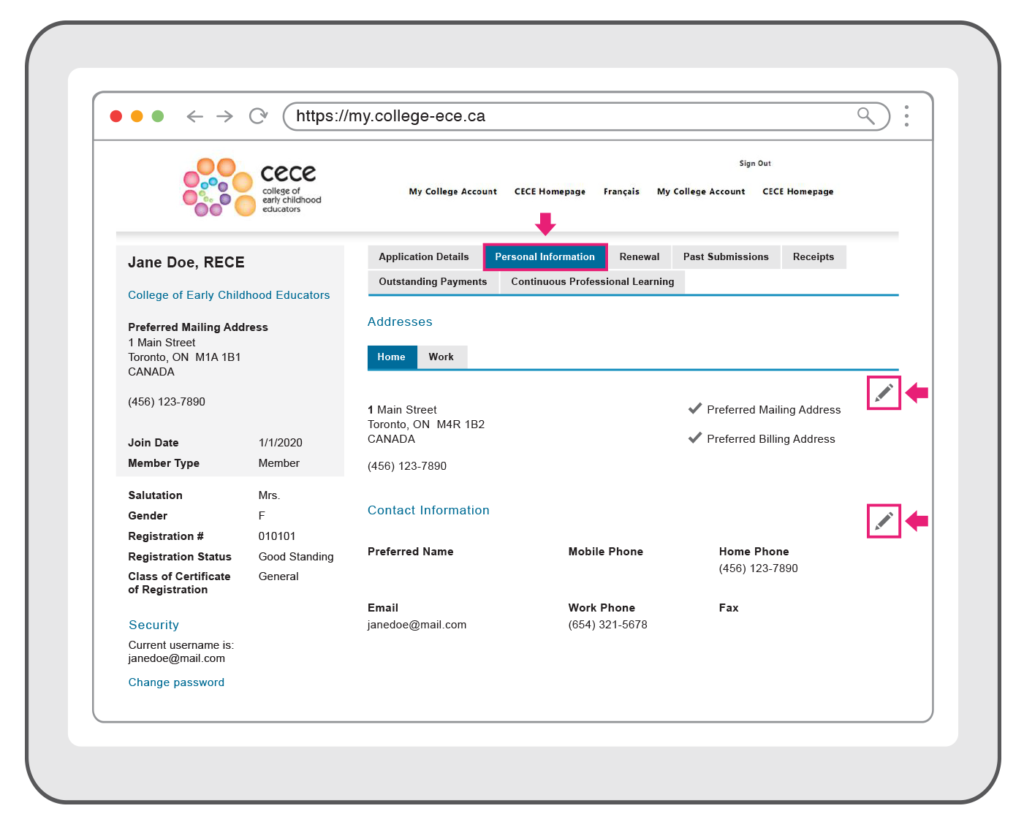 Screenshot of the Personal Information Tab in the My College Account. The Personal Information tab along with the pencil icon in the right-hand side is highlighted.