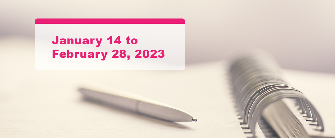 A pen placed on a notebook. Text displays “January 14 to February 28, 2023.”