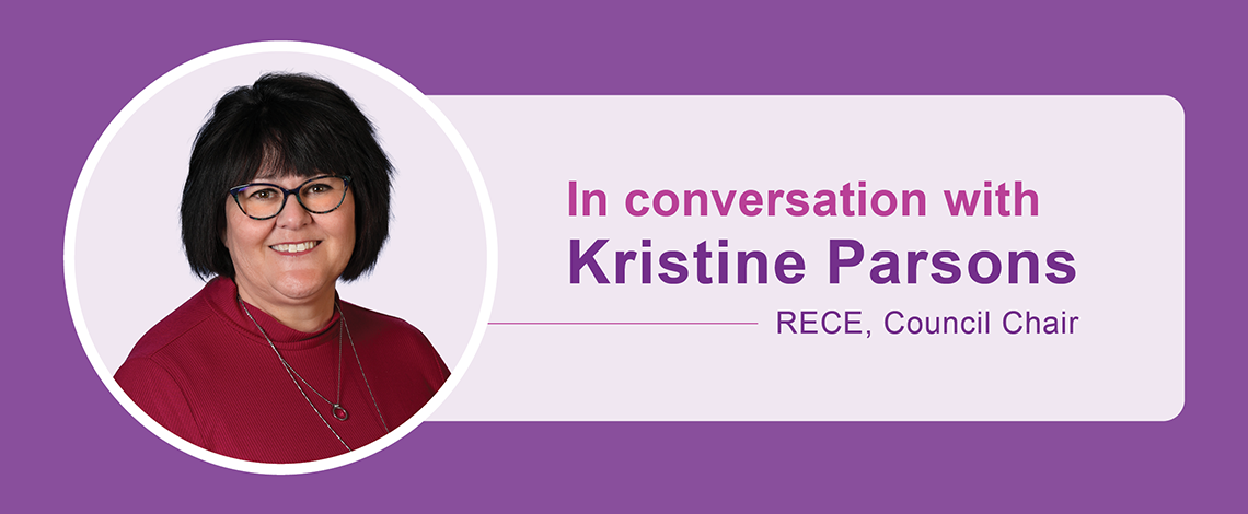 Headshot of Kristine Parsons. Text displays, In conversation with Kristine Parsons RECE, Council Chair