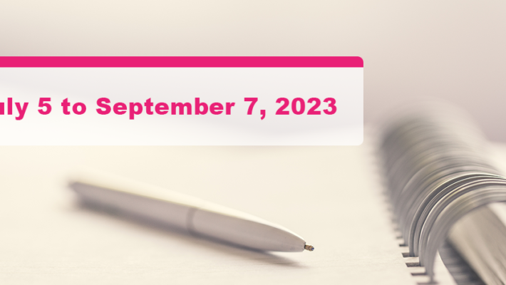 A pen placed on a notebook. Text displays “July 5, 2023 to September 7, 2023.”