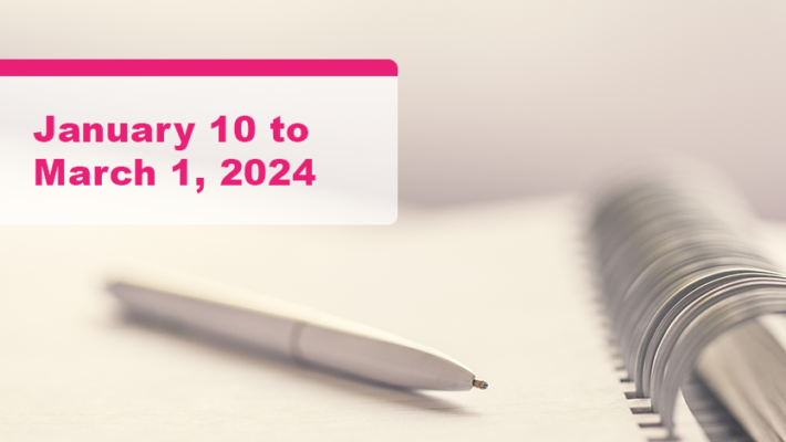 A pen placed on a notebook. Text displays “January 10, 2024 to March 1, 2024”