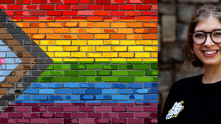 Pride flag on the left. Headshot of Cora Payne is on the right.