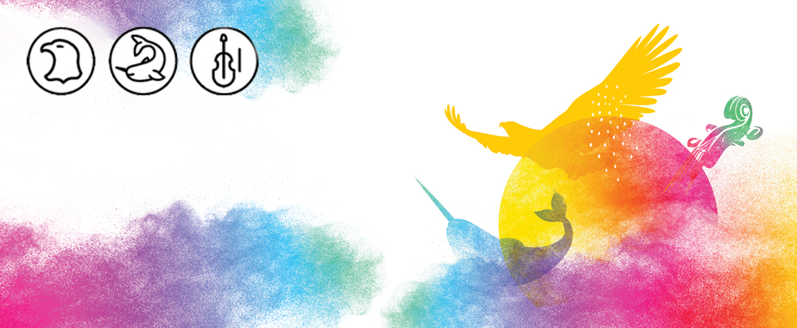 Bannière avec 3 illustrations : un aigle qui représente les Premières Nations, un narval qui représente les Inuit et un violon qui représente les Métis. Ces illustrations sont placées autour du soleil et entourées par une fumée multicolore qui rappelle la tradition, la spiritualité autochtone, l'inclusion et la diversité.