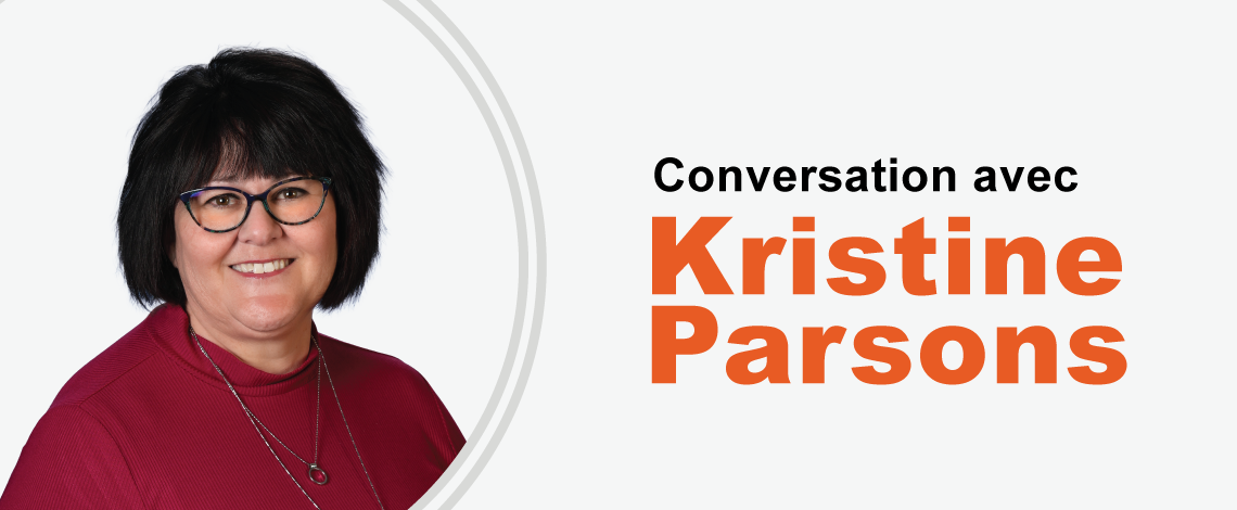 Portrait de Kristine Parsons. À droite, on lit : Conversation avec Kristine Parsons EPEI, présidente du conseil.