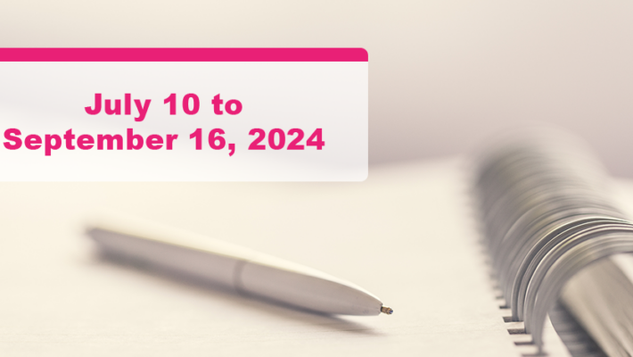 A pen placed on a notebook. Text displays “July 10 to September 16, 2024”