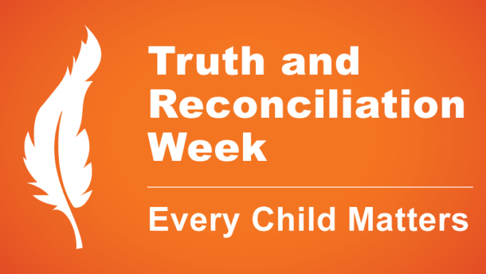 On an orange background, text displays “Truth and Reconciliation Week. Every Child Matters.” A white feather is displayed on the left side of the text.