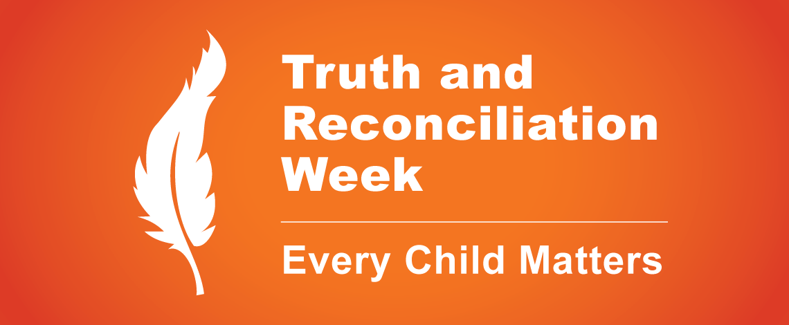 On an orange background, text displays “Truth and Reconciliation Week. Every Child Matters.” A white feather is displayed on the left side of the text.