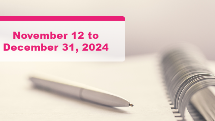 A pen placed on a notebook. Text displays “November 12, 2024 to December 31, 2024”