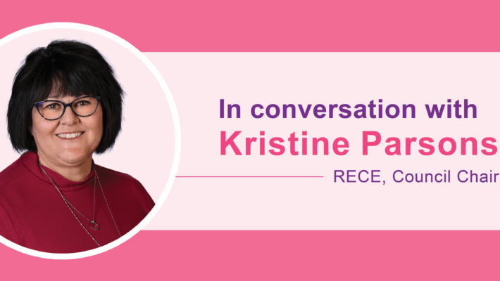 Headshot of Kristine Parsons. Text reads “In Conversation with Kristine Parsons, RECE Council Chair