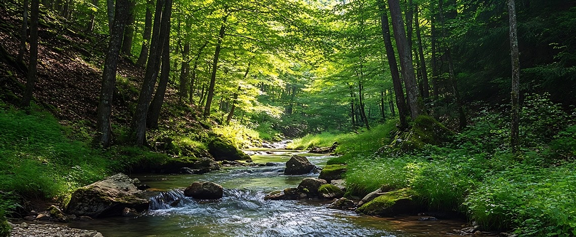 Un ruisseau qui coule entre les arbres sous les rayons du soleil.