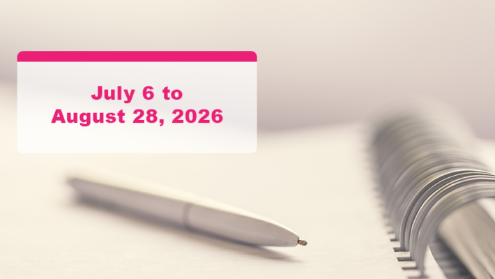 Pen is laid on a paper. Text reads: July 6 to August 28, 2026.