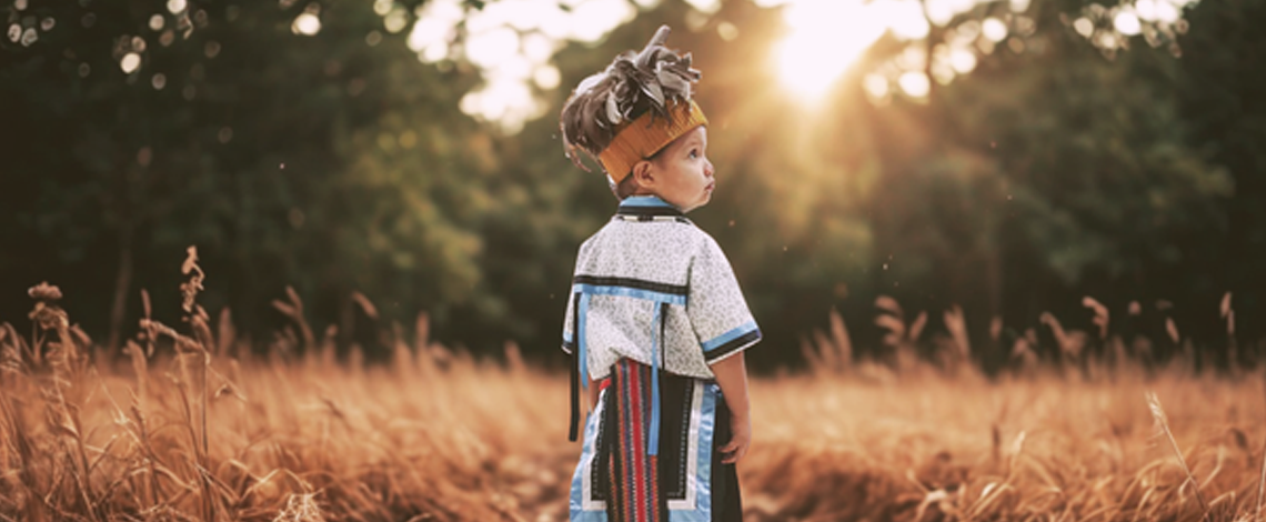 Young child in traditional attire standing in a sunlit field of tall grass during golden hour.